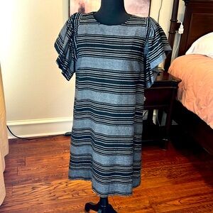 Black/white stripe dress with flutter sleeve. Boutique brand Moon River size XS